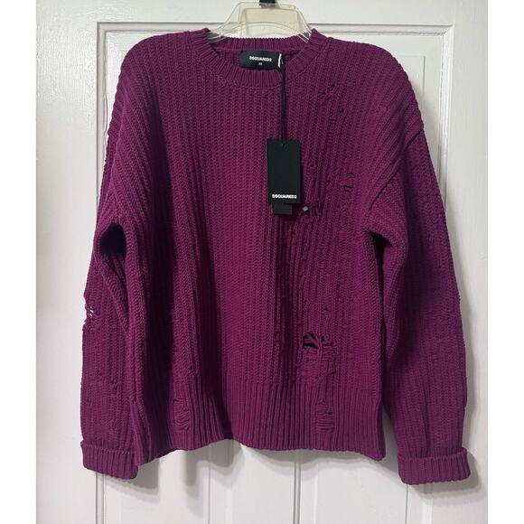 NWT Dsquared2 Ripped Distressed Magenta Wool Sweater Size XS (S-M) Runs BIG - Picture 1 of 13